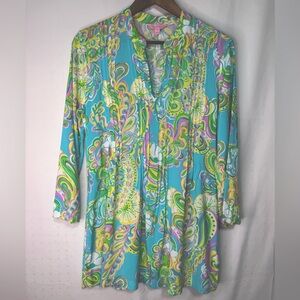 Lilly Pulitzer Blue Green Pleated Front Tunic with Mandarin Collar